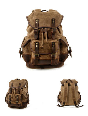 Herren-Rucksack aus Vintage-Canvas-Nähten und Leder mit mehreren Taschen