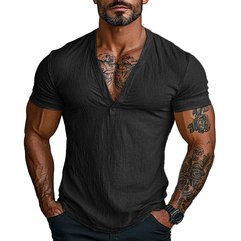Einfarbiges Kurzarm-T-Shirt aus Baumwolle mit V-Ausschnitt für Herren
