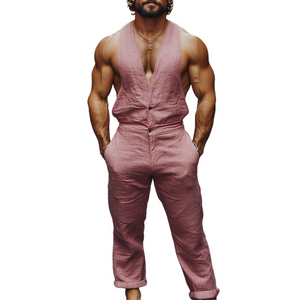Herren Frühlings- und Sommermode Lässiger Jumpsuit aus Baumwolle und Leinen mit tiefem V-Ausschnitt und Tanktop