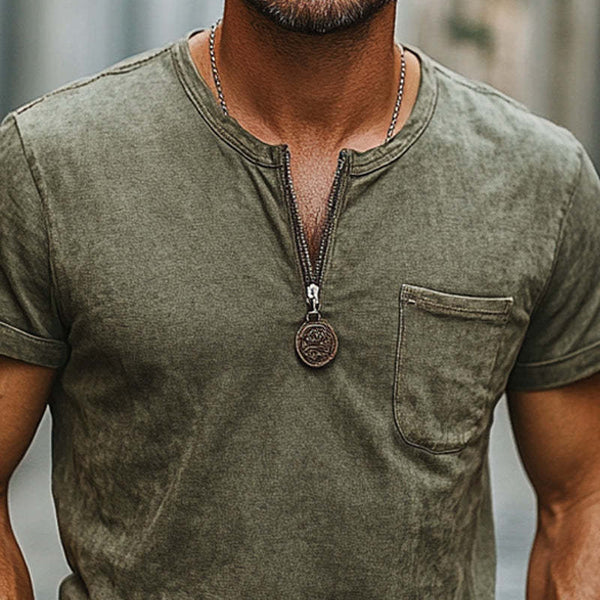 Men's Comfortable Vintage Zipper Neck Casual T-Shirt
