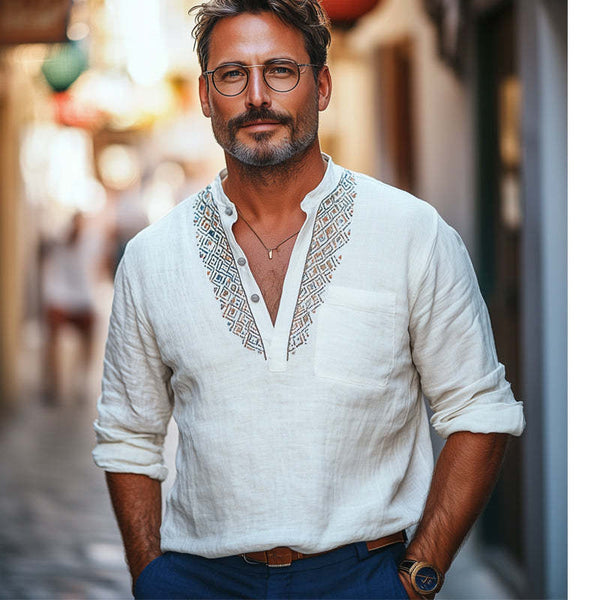 Men's Deep V Neck Vintage Embroidered Cotton And Linen T-Shirt