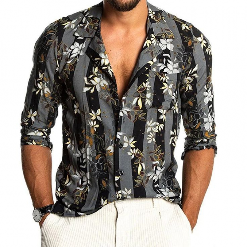 Herrenmode, lässig, Slim Fit, Vintage, bedruckt, Chiffon-Langarmhemd