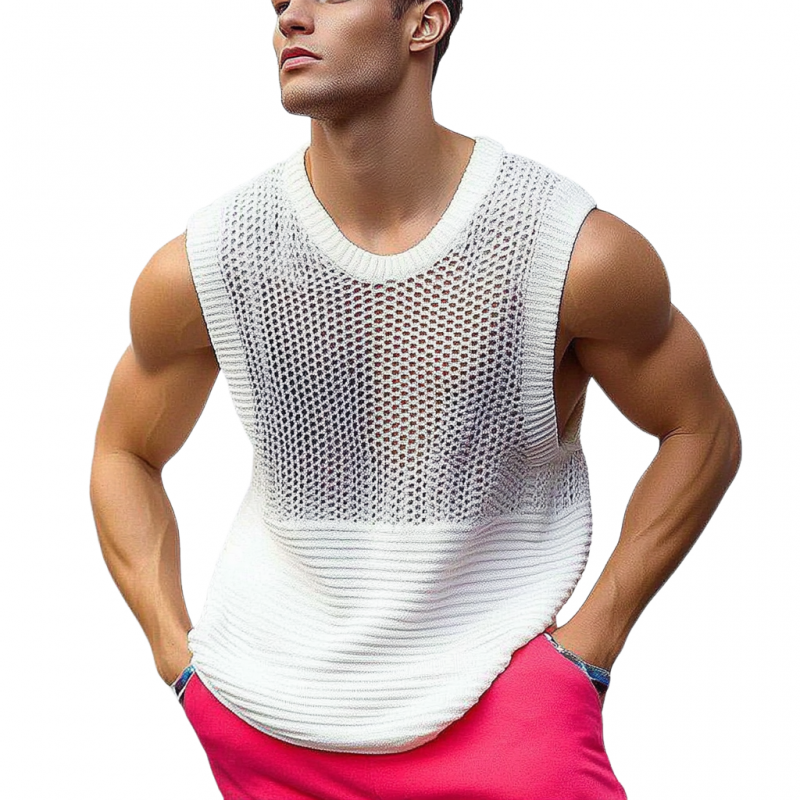 Lässiges Strick-Tanktop mit Rundhalsausschnitt und ausgehöhltem Patchwork für Herren