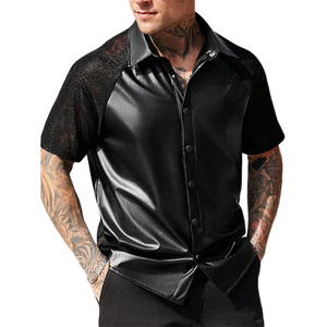 Men's Lace Panel Short Sleeve Leather Shirt