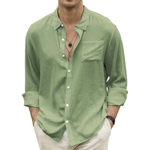 Men's Light Green Ice Silk Casual Skin-friendly Long-sleeved Shirt