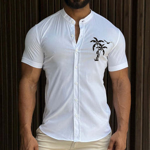 Herren Retro Casual Coconut Tree Print Stehkragen Kurzarmhemd