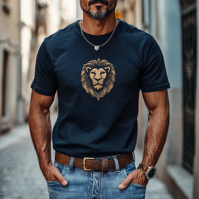 Lässiges Herren-T-Shirt aus Baumwolle mit Löwenstickerei, Rundhalsausschnitt, schmale Passform, kurzärmelig