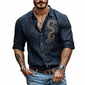 Men's Casual Linen Snake Embroidery Lapel Slim Fit Long Sleeve Shirt