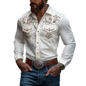 Men's Classic American Western Style Embroidered Slim Fit Cotton Long Sleeve Shirt