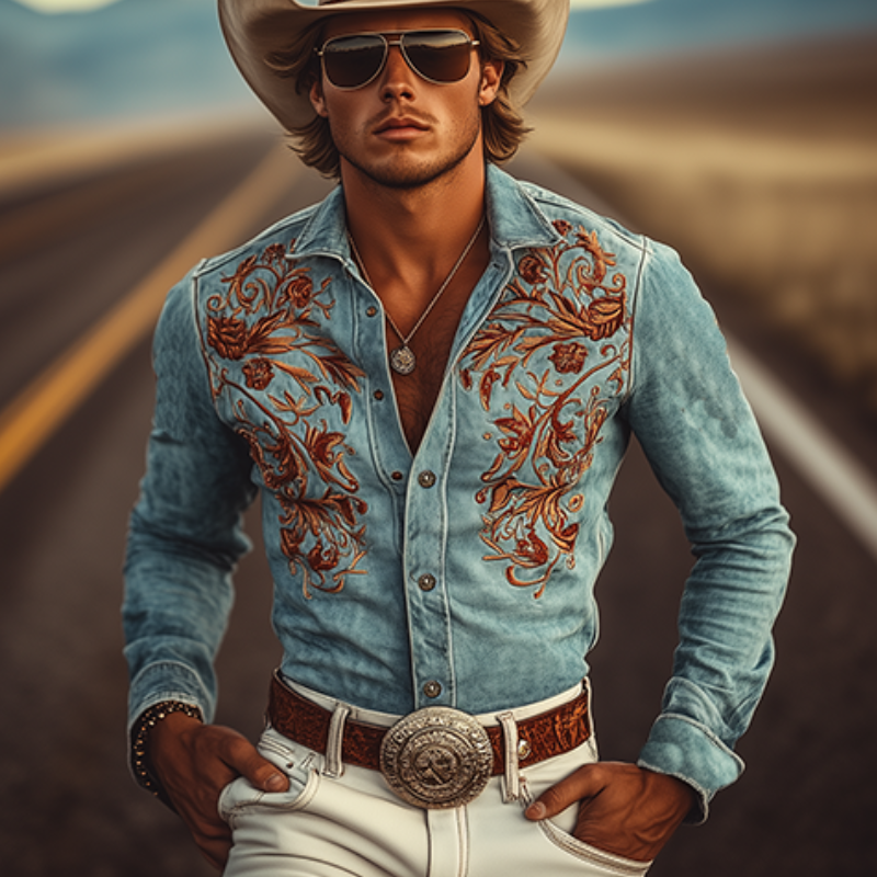 Klassisches amerikanisches Retro-Western-Langarmhemd aus Wildleder mit Stickerei für Herren