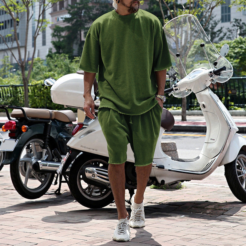 MEN'S SOLID LOOSE ROUND NECK SHORT SLEEVE T-SHIRT SHORTS CASUAL SET