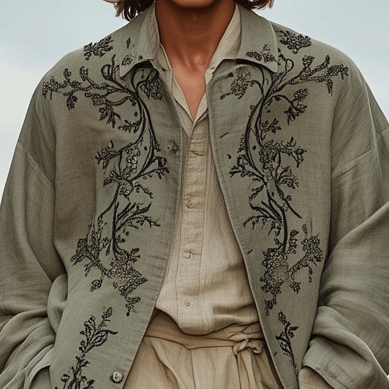 Men's Western Vintage Embroidered Long Sleeve Trench Coat