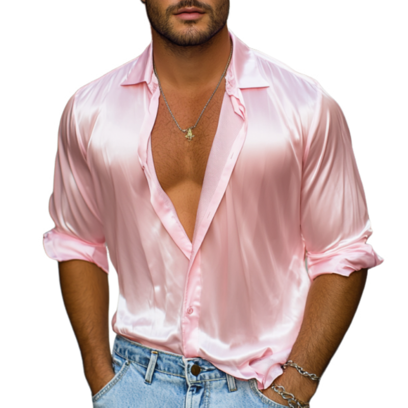 Herren Frühlingsmode Lässiges Satin-Langarmhemd mit glänzenden Ärmeln