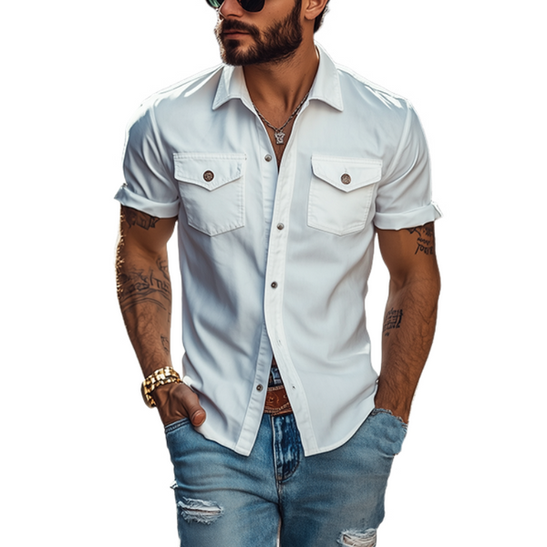 Klassisches, lässiges, einfarbiges Slim-Fit-Hemd mit mehreren Taschen und kurzen Ärmeln für Herren