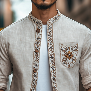 Men's Spring Fashion Retro Stand Collar Embroidered Long Sleeve Shirt