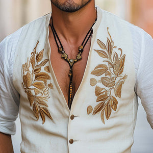 Bequeme Herrenweste aus Baumwolle und Leinen mit Goldstickerei