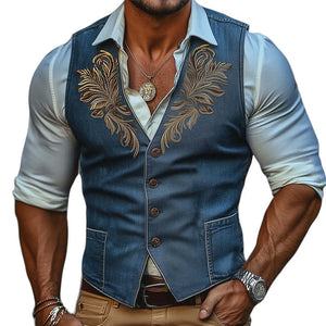 Herrenweste im Western-Cowboy-Stil mit Knopfleiste, Karomuster und Stickerei