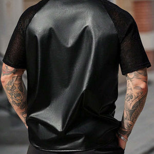 Men's Lace Panel Short Sleeve Leather Shirt