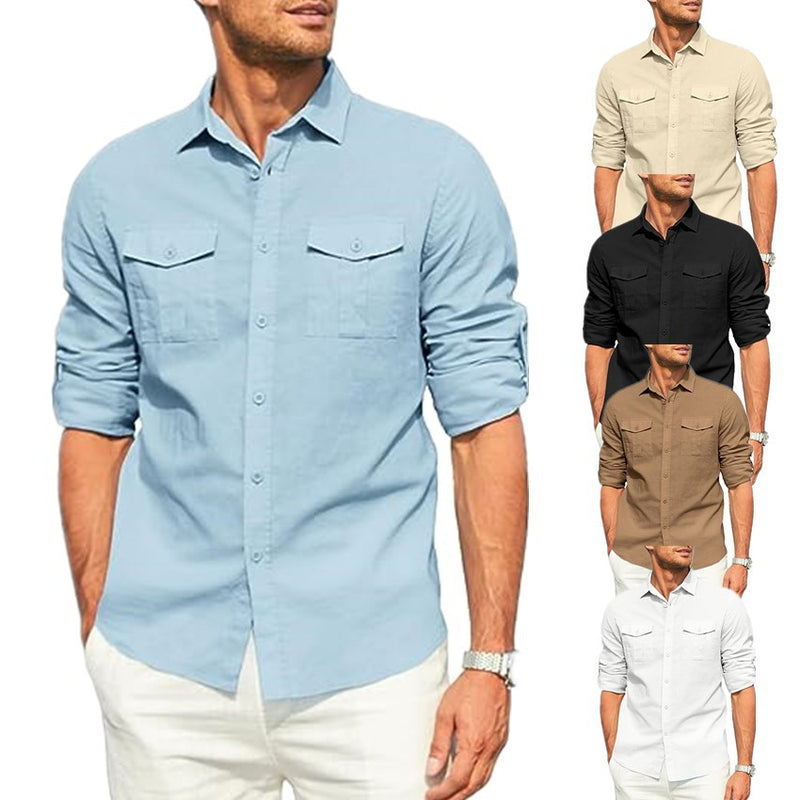 DOUBLE POCKET COTTON LINEN LONG SLEEVED SHIRT CASUAL VACATION SHIRT