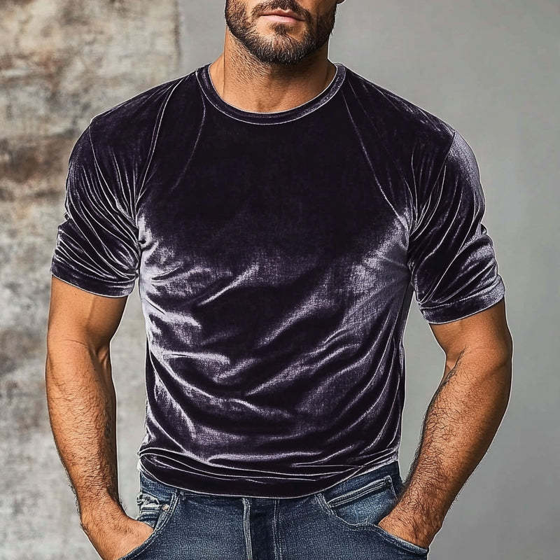Herren-T-Shirt mit Rundhalsausschnitt und kurzen Ärmeln im Vintage-Stil aus Samt
