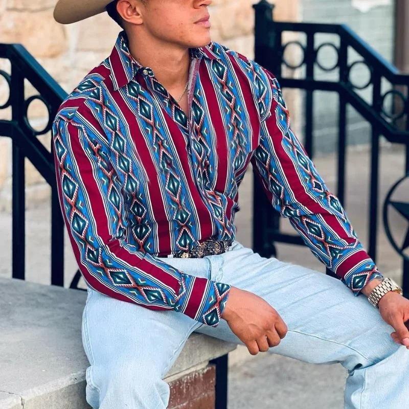 Herren-Langarmhemd mit Western-Cowboy-Streifenmuster und Aufdruck