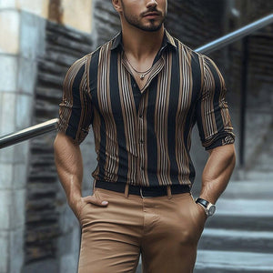 Men's Summer Retro Vertical Stripe Print Short Sleeve Shirt