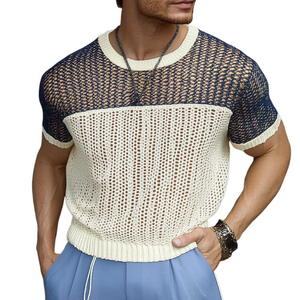 Men's Casual Round Neck Color Block Knitted Short Sleeve Sweater T-Shirt