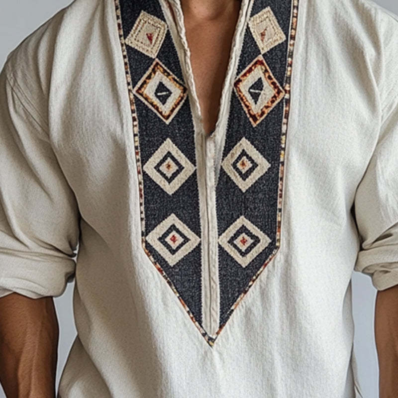 Herren-Langarmhemd mit Rundhalsausschnitt und Retro-Bohemian-Print