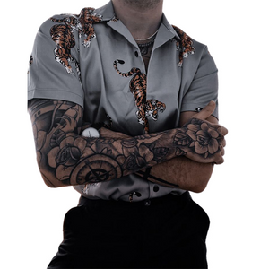 Herren Frühling und Sommer Mode Lässig Bedrucktes Tiger Baumwolle Kurzarmhemd