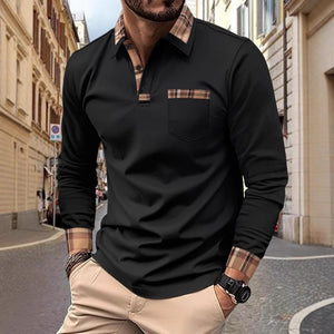 Men's Checked Stitching Lapel Long Sleeve Casual Polo Shirt