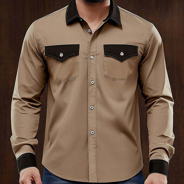 Bequemes Khaki-Colorblock-Langarmhemd für Herren