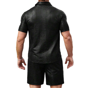 Men's Textured Leather Short-sleeved Shorts Two-piece Set
