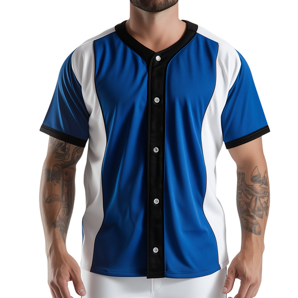 Men's Retro Casual Colorblock Sports Button Baseball Short Sleeve T-Shirt