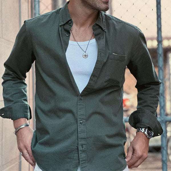 Herren Retro Casual Washed Workwear Reverstasche Langarmhemd