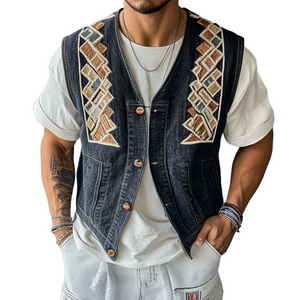 Men's Geometric Embroidered Denim Vest
