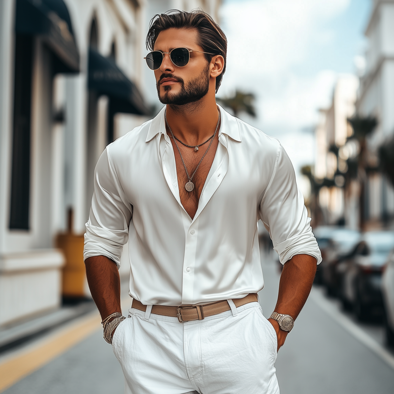 Herrenmode, lässig, glänzendes Satin-Langarmhemd