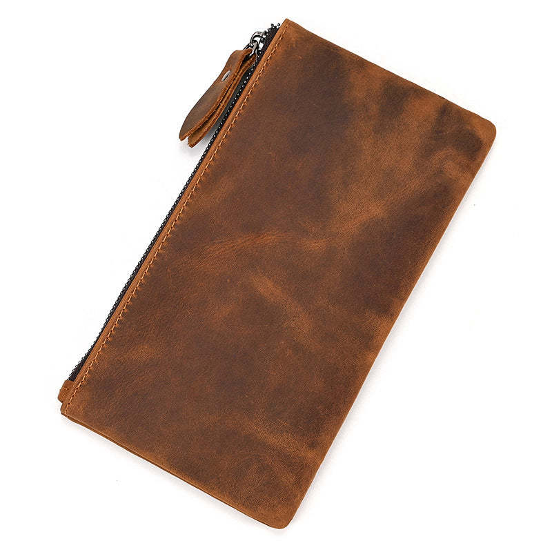 Herren Vintage Crazy Horse Leder Große Kapazität Reißverschluss Lange Brieftasche 