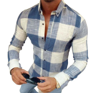 Men's Casual Cotton Plaid Lapel Slim Fit Long Sleeve Shirt