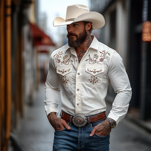 Men's Classic American Western Style Embroidered Slim Fit Cotton Long Sleeve Shirt