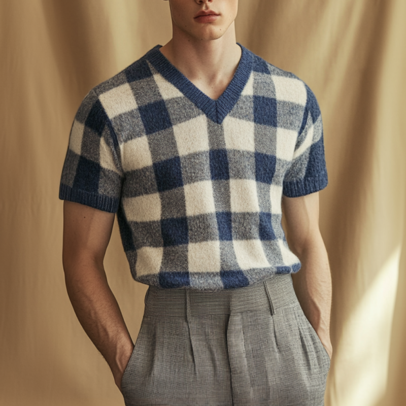 Men's Casual Plaid V-neck Slim Fit Knitted Short Sleeve Sweater T-Shirt