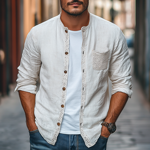 Men's Spring Fashion Lace Pocket Stitching Cotton And Linen Long Sleeve Shirt