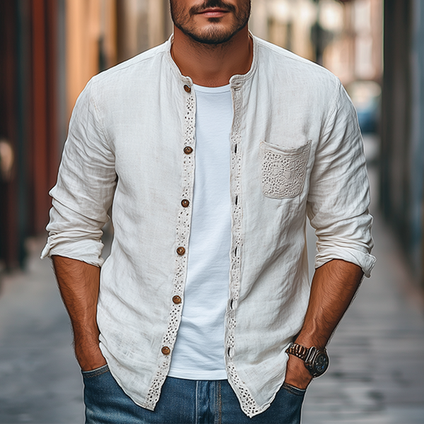 Men's Spring Fashion Lace Pocket Stitching Cotton And Linen Long Sleeve Shirt