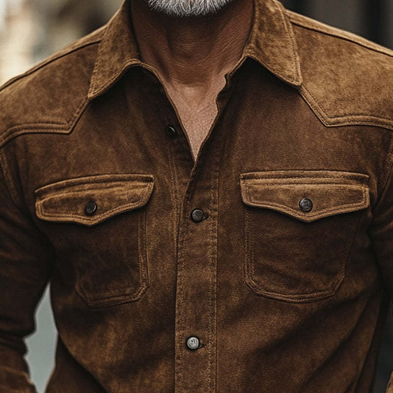 Herren Vintage Braunes Wildleder Langarmhemd