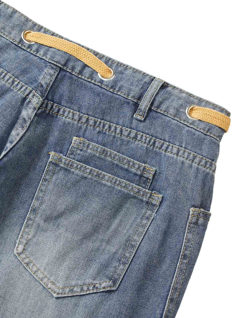 Drawstring Denim Patch Washed Jeans