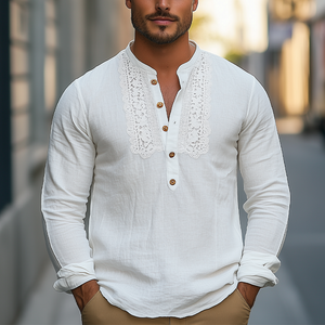 Men's Spring Fashion Classic Henley Collar Lace Stitching Cotton And Linen Long Sleeve Shirt