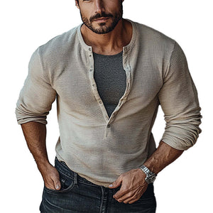 Men's Waffle Button Crew Neck Pullover Long Sleeve T-Shirt