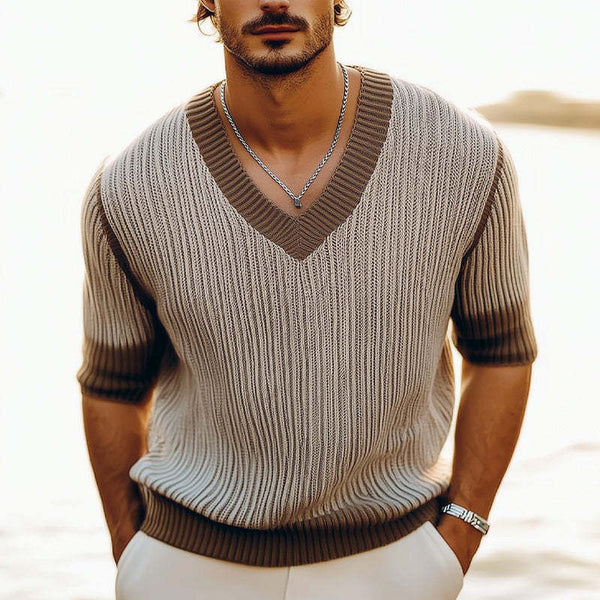 Men's Summer V-neck Thin Knitted Short-sleeved T-shirt