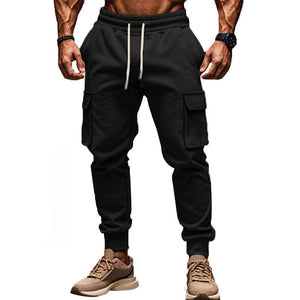 Men's Solid Color Plush Elastic Waist Multi-pocket Sports Pants
