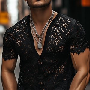 Men's Fashion Sexy Lace Deep V Neck Short Sleeve T-Shirt