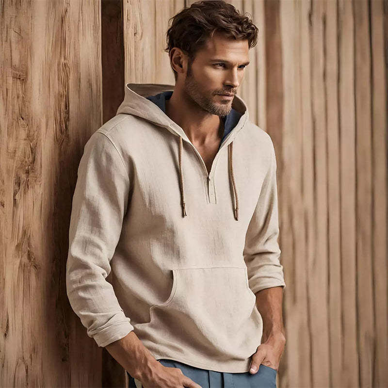 Men's Casual Apricot Cotton And Linen Hoodie